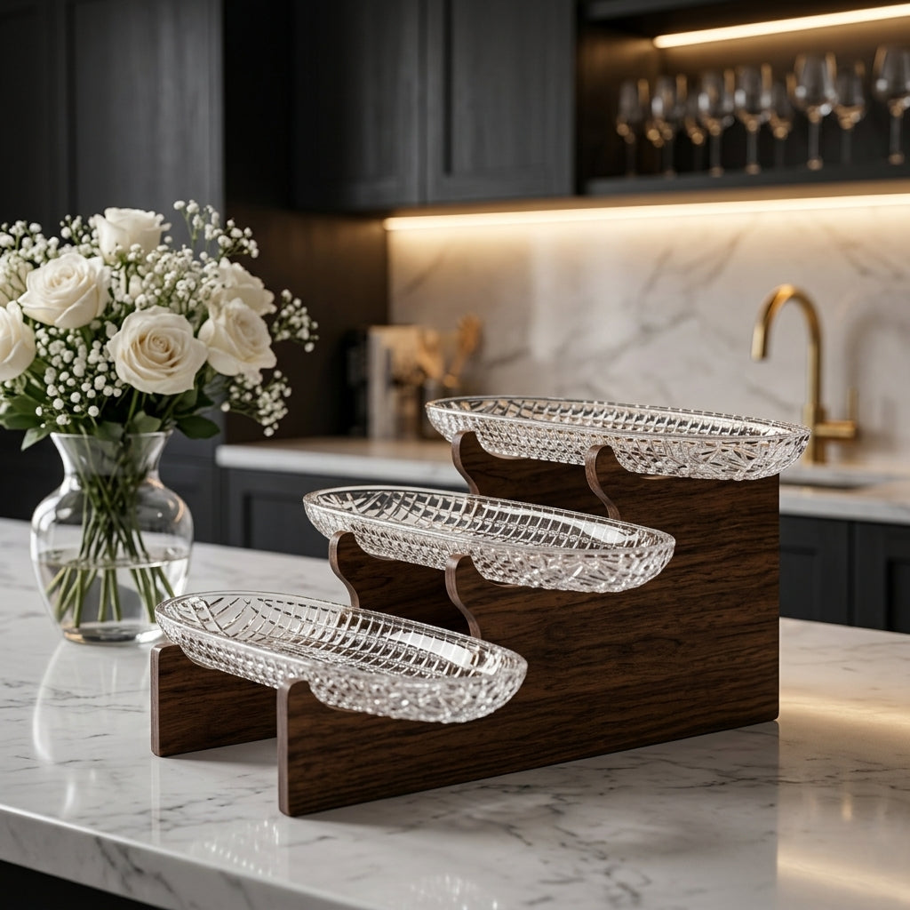 Luxury 3-Tier Crystal Glass Serving Tray with Wooden Stand