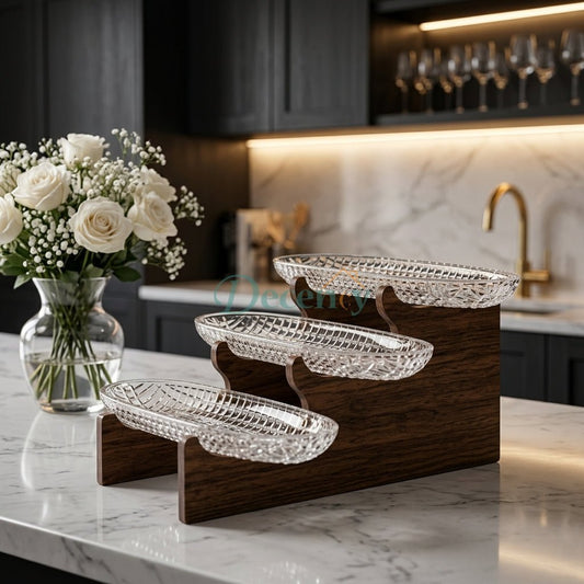 Luxury 3-Tier Crystal Glass Serving Tray with Wooden Stand
