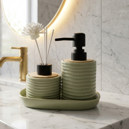 Luxury Ceramic Bathroom Dispenser & Diffuser Set with Tray - 3 Piece