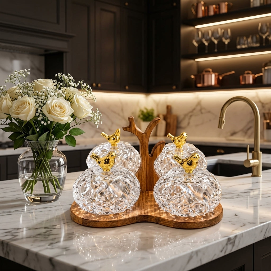 Luxury Crystal Spice Jars Set with Wooden Stand & Bird Lids