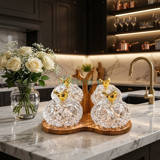 Luxury Crystal Spice Jars Set with Wooden Stand & Bird Lids