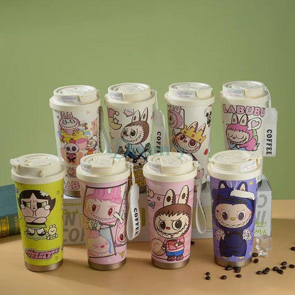 Labubu Cute Cartoon Coffee Thermos Leakproof Portable Travel Mug with Lid