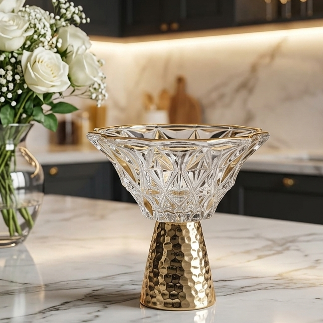Premium Crystal Glass Fruit Bowl with Hammered Gold Stand