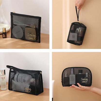 5 Pcs Transparent Cosmetic Bag Set – Black Mesh Makeup Pouch