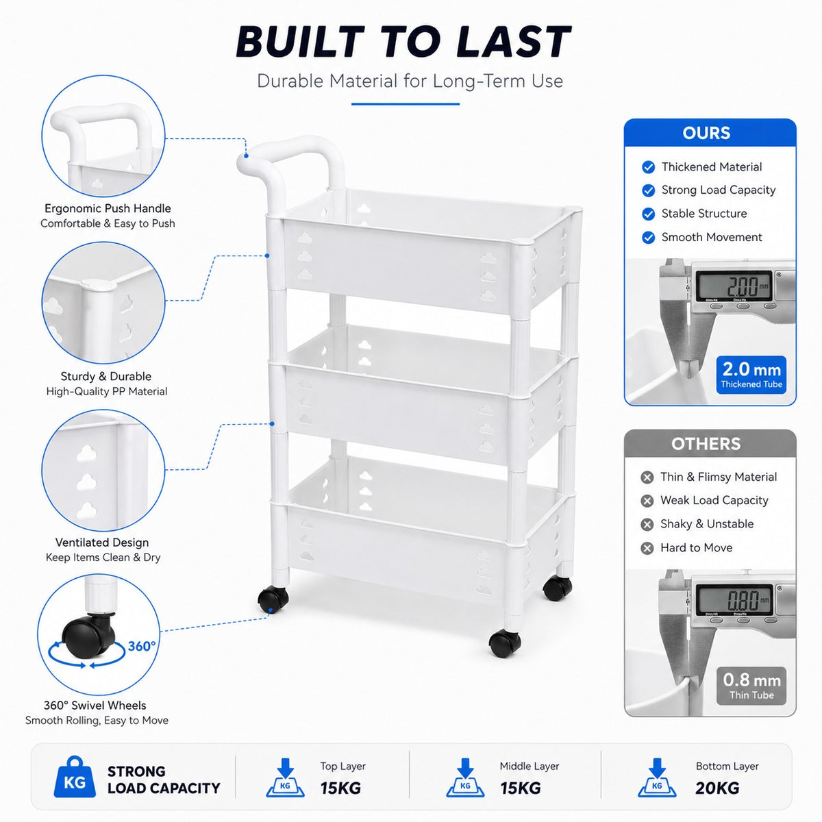 3 , 4 Tier Rolling Storage Cart with Wheels & Handle White