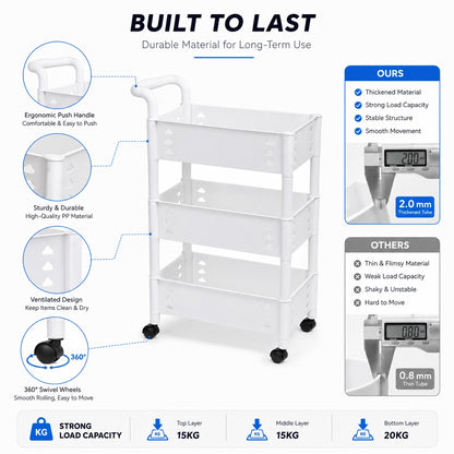3 , 4 Tier Rolling Storage Cart with Wheels & Handle White