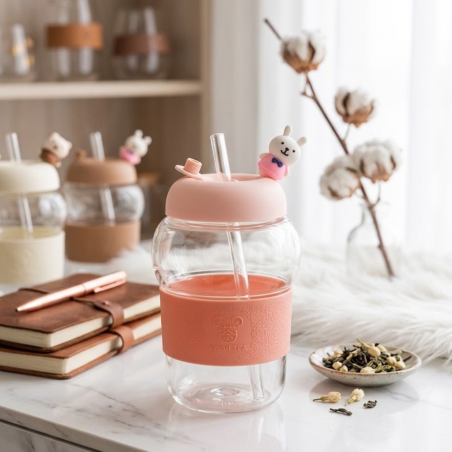 Cute 3D Bear Glass Water Bottle 400ml with Straw & Sleeve