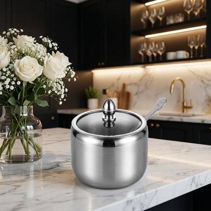 Stainless Steel Sugar Jar Container with Glass Lid & Spoon