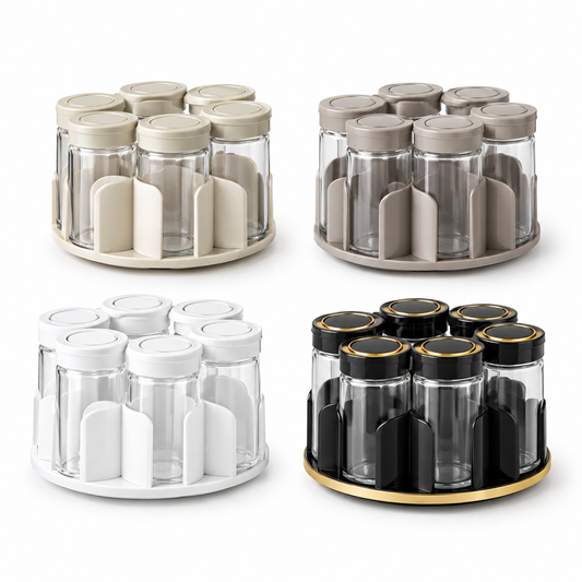 360 Rotating Glass Spice Jar Rack Set for Kitchen Countertop