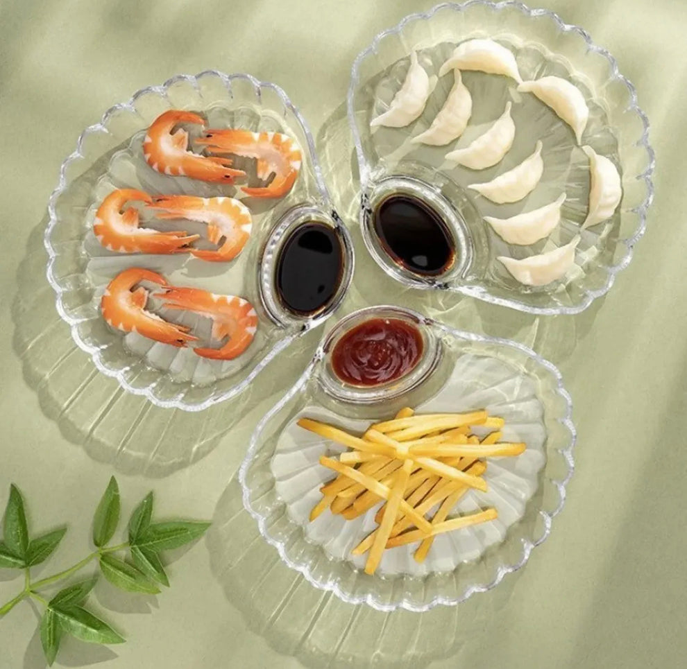 2 Pcs Clear Glass Shell Serving Plates with Built-in Sauce Bowls