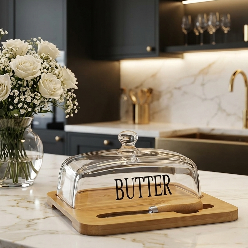 Glass Butter Dish with Wooden Tray & Spreader Knife
