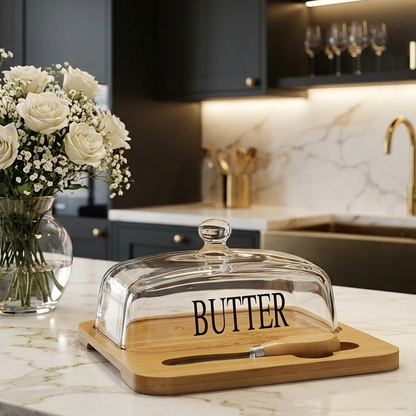 Glass Butter Dish with Wooden Tray & Spreader Knife
