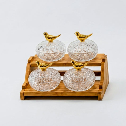 Luxury 4-Piece Crystal Glass Dry Fruit Jar Set with Wooden Stand