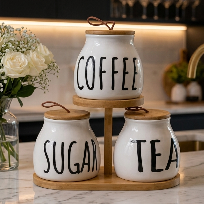 Luxury 3 Pcs Ceramic Tea Sugar Coffee Jar Set with Wooden Stand