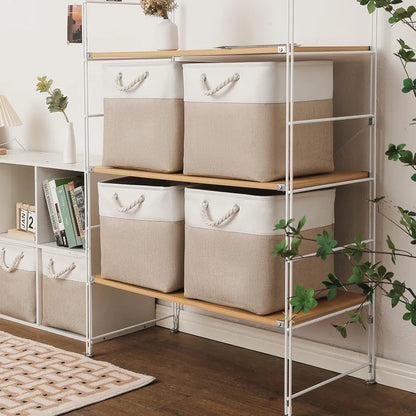 White & Beige Fabric Storage Box Organizer with Handles
