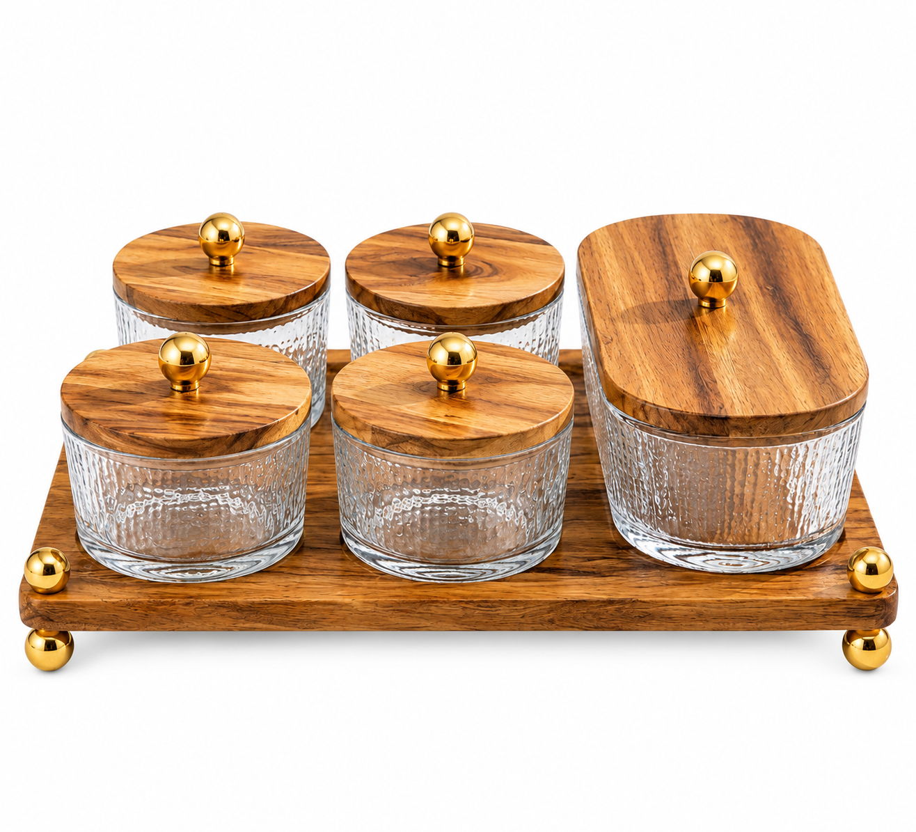 Luxury Fluted Glass Spice & Condiment Jar Set with Wooden Tray