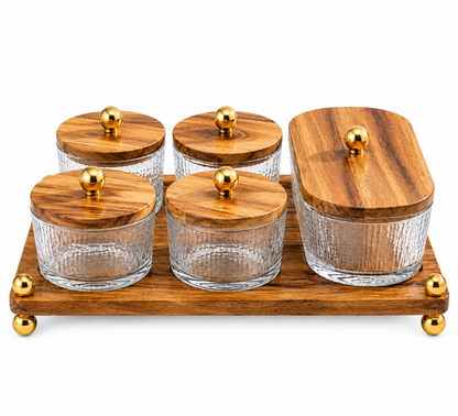 Luxury Fluted Glass Spice & Condiment Jar Set with Wooden Tray