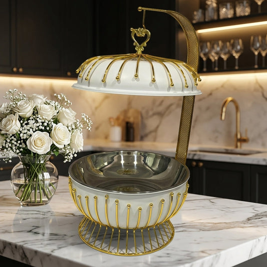 Luxury 8L Hanging Cage Chafing Dish – Gold & White Buffet Server
