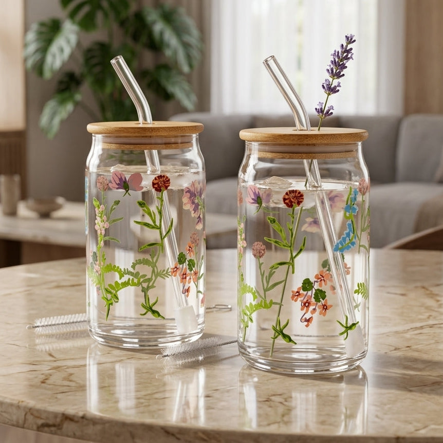 Danny Home Floral Can Glass Set 2 Pcs with Bamboo Lid & Straw