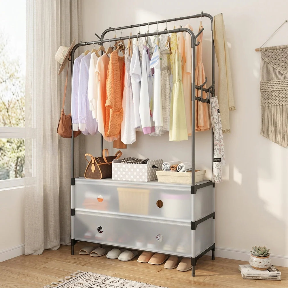 Dual Pole Clothes Rack with Shoe Shelf – Heavy Duty Hanger