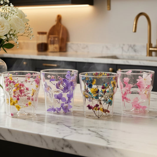 1 Pcs Double Wall Floral Glass Coffee Mugs Set - Dried Flower Tea Cups