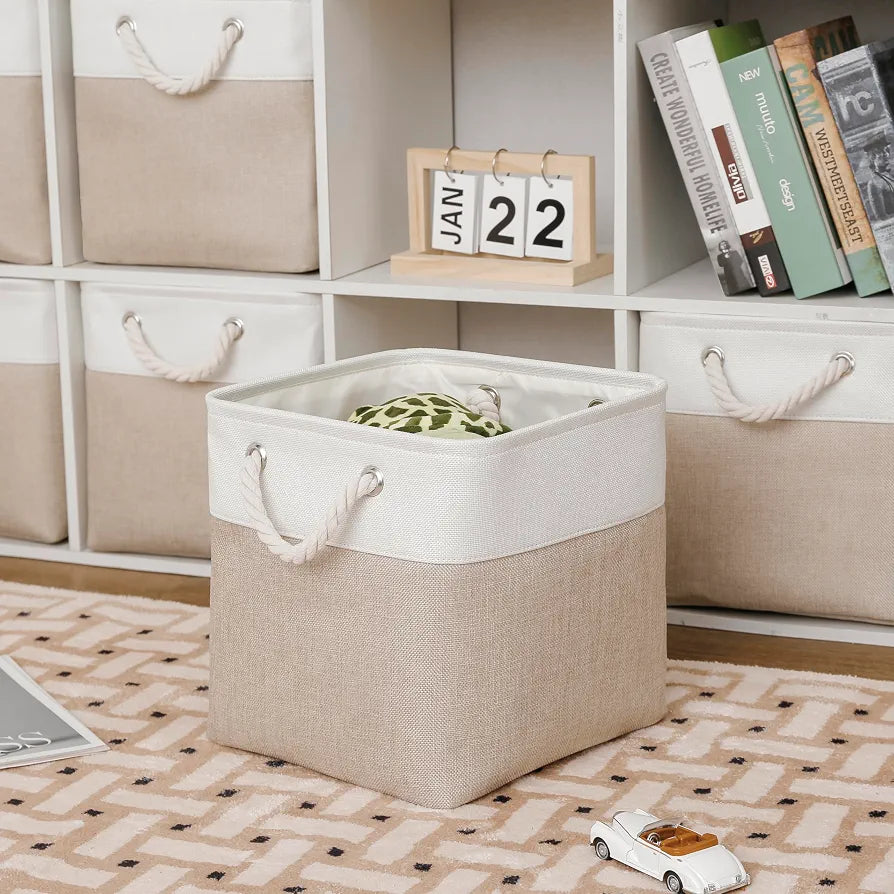White & Beige Fabric Storage Box Organizer with Handles