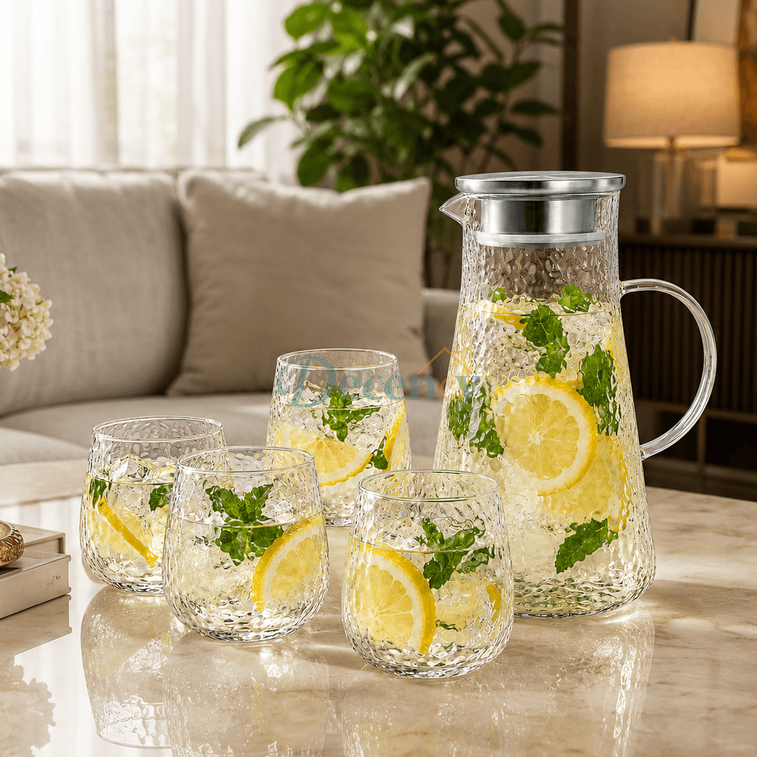 Danny Home 5-Pcs Hammered Glass Water Jug Set (1.79L) - Stainless Lid