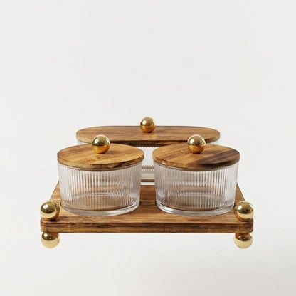 Luxury Glass Spice Jars Set with Wooden Tray & Brass Accents