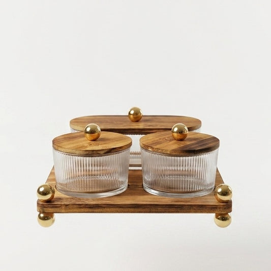 Luxury Glass Spice Jars Set with Wooden Tray & Brass Accents