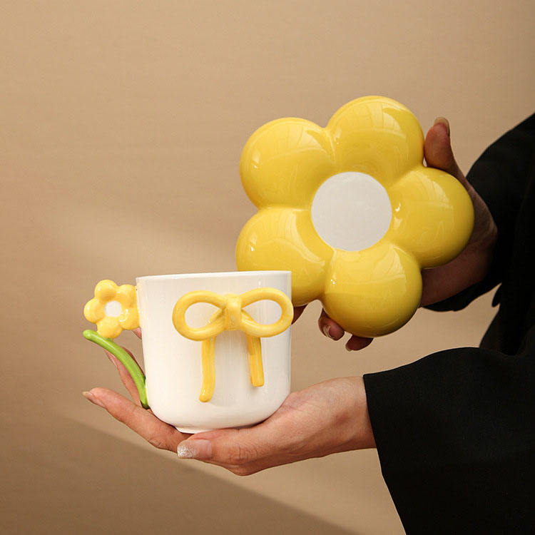 Cute Flower Saucer Ceramic Coffee Mug with Bow & Floral Handle (1 Pc)
