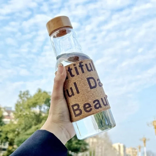 Clear Glass Water Bottle with Cork Sleeve & Wooden Lid