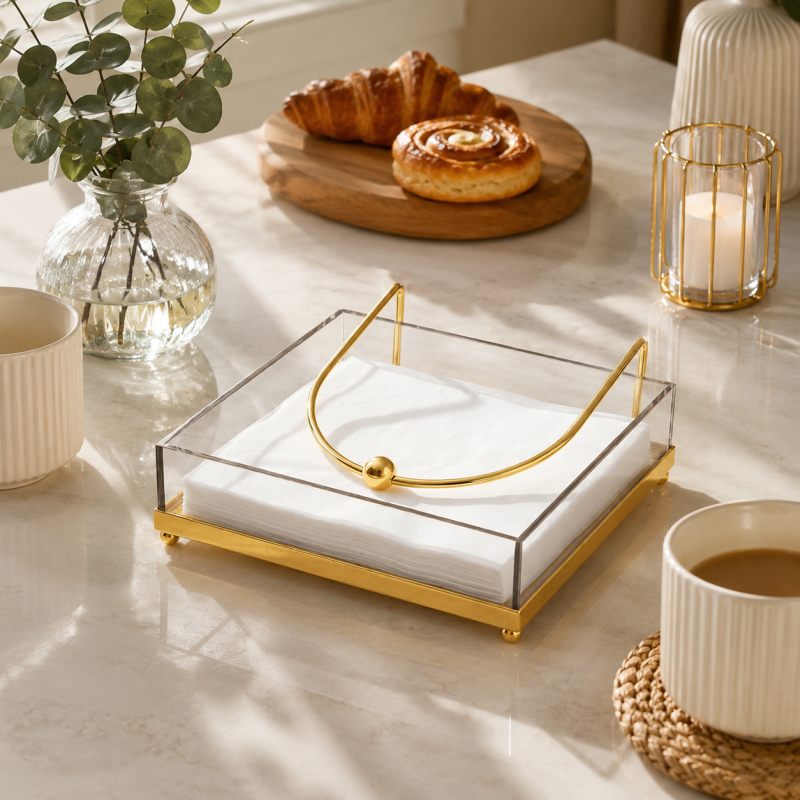 Acrylic Napkin Holder with Gold Metal Stand & Weighted Arm