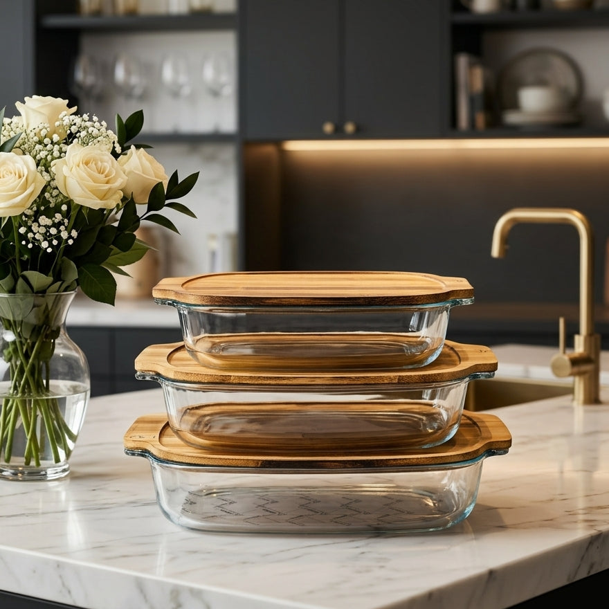 Walnut Wood Lid Glass Serving Dishes Set