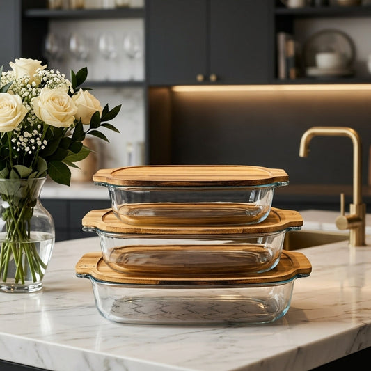 Walnut Wood Lid Glass Serving Dishes Set