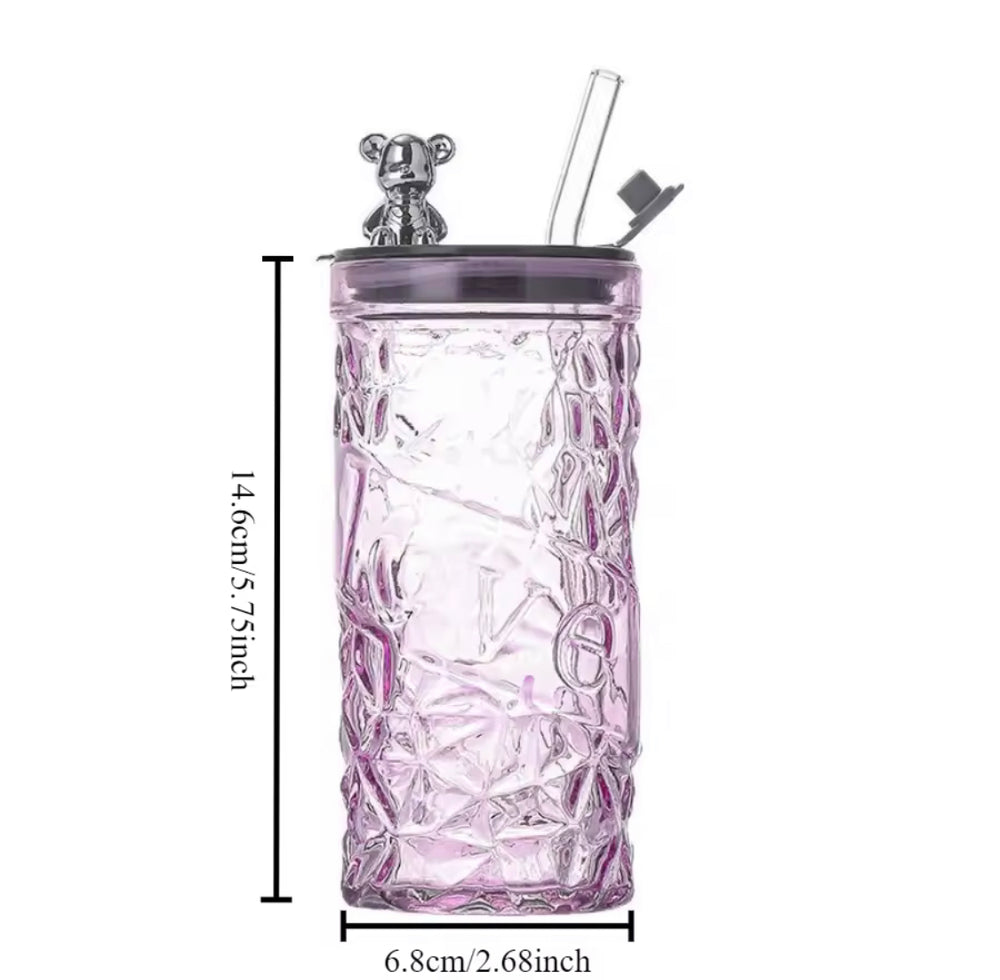 Luxury Bear Glass Tumbler with Lid & Straw - Vintage Coffee Cup