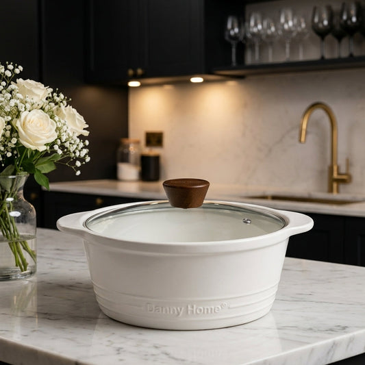 Danny Home Ceramic Soup Pot with Glass Lid – 2.5L White Serveware