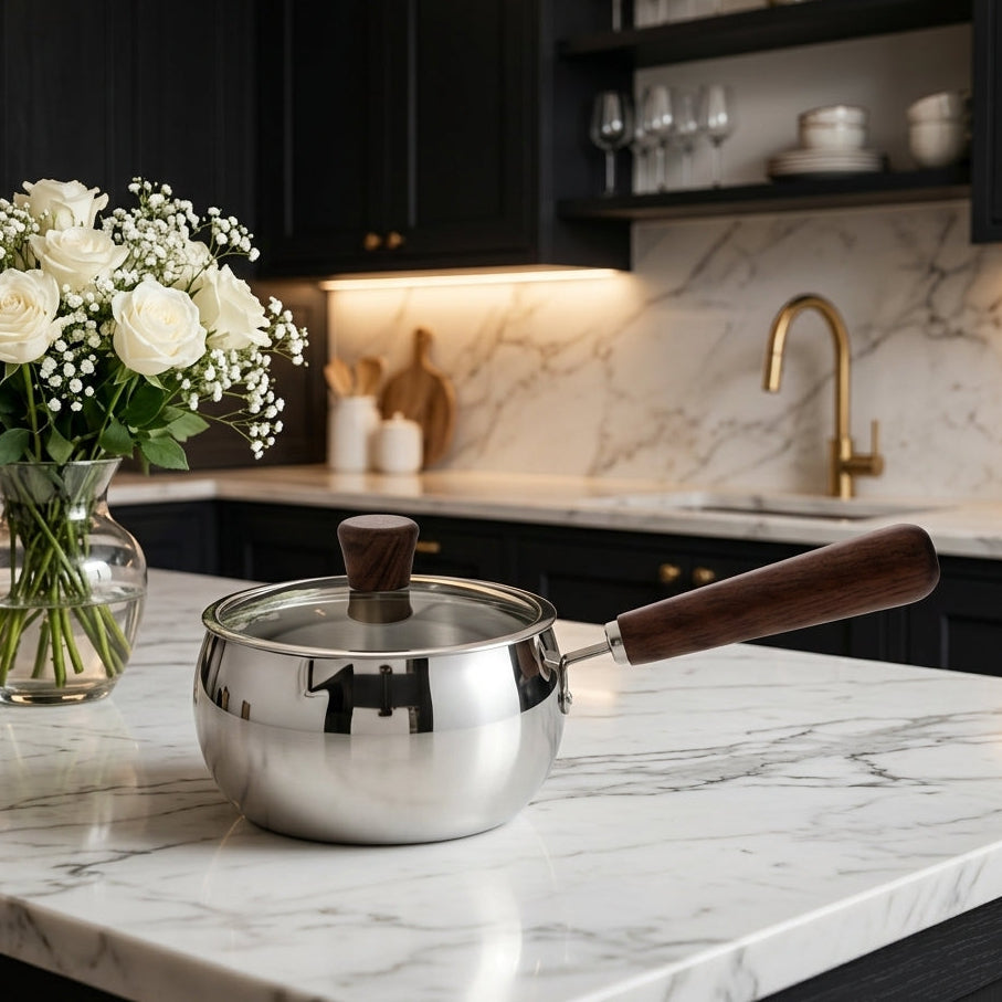 Premium Stainless Steel Saucepan with Wooden Handle & Glass Lid