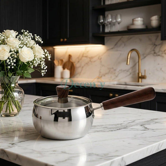Premium Stainless Steel Saucepan with Wooden Handle & Glass Lid