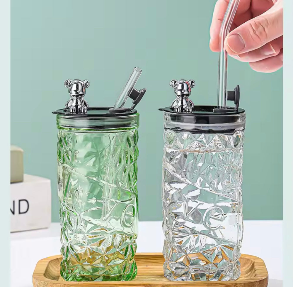 Luxury Bear Glass Tumbler with Lid & Straw - Vintage Coffee Cup