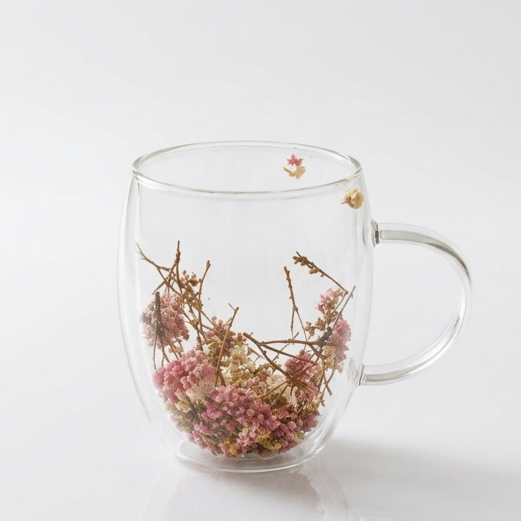Rose Petal double wall clear glass mug with dried flowers inside resting on a woven coaster