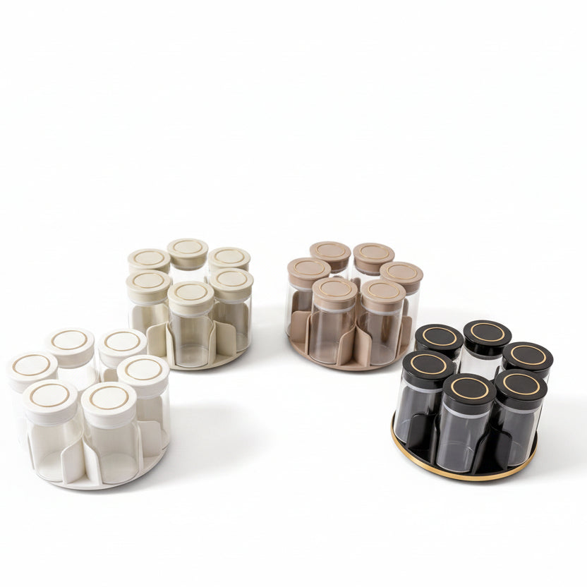360 rotating glass spice jar rack set displayed on a modern kitchen marble countertop