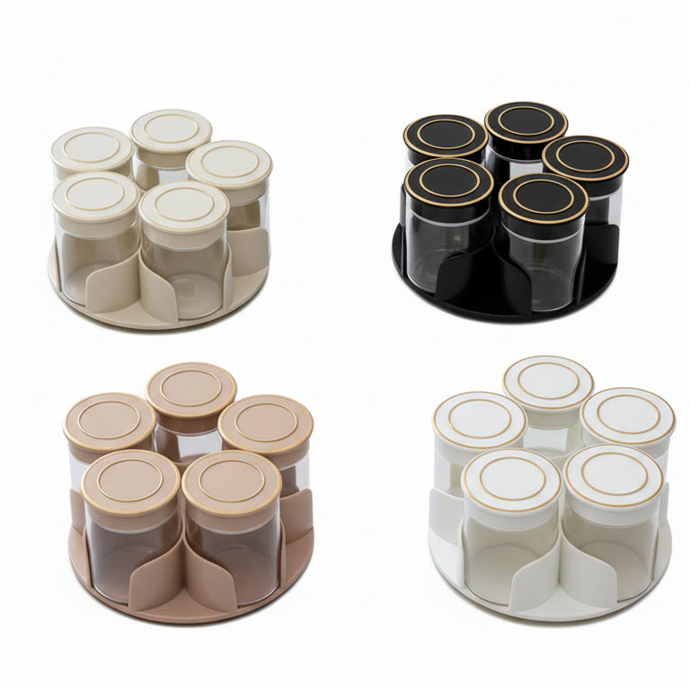 Rotating spice rack organizer set displayed on a modern marble kitchen countertop