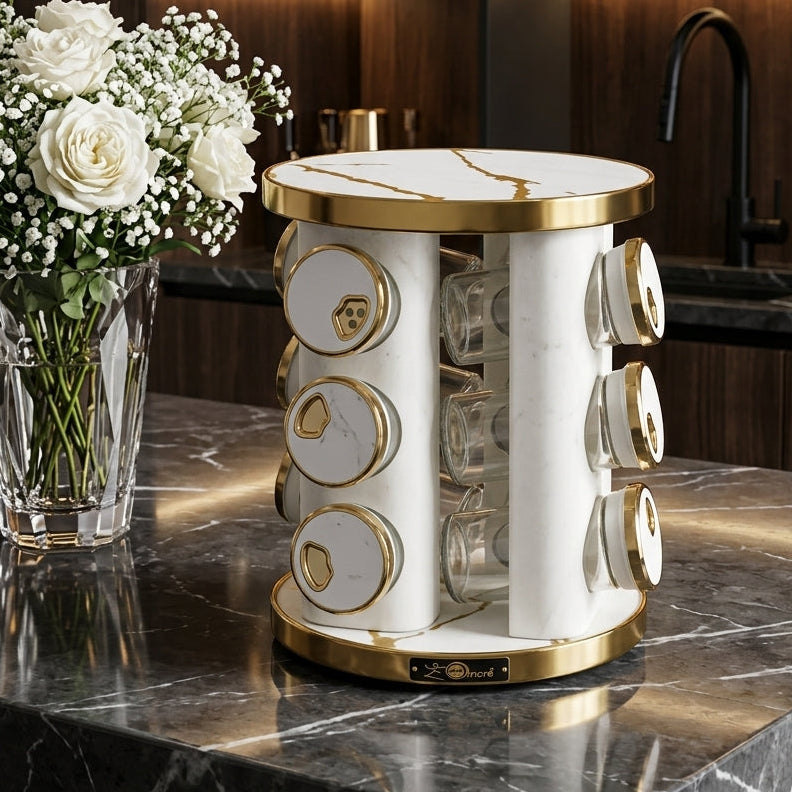 Rotating spice rack organizer in white and gold marble design on marble countertop