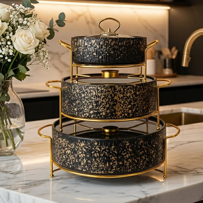 Luxury 3 pcs round black and gold ceramic chafing dish set displayed on marble kitchen counter.