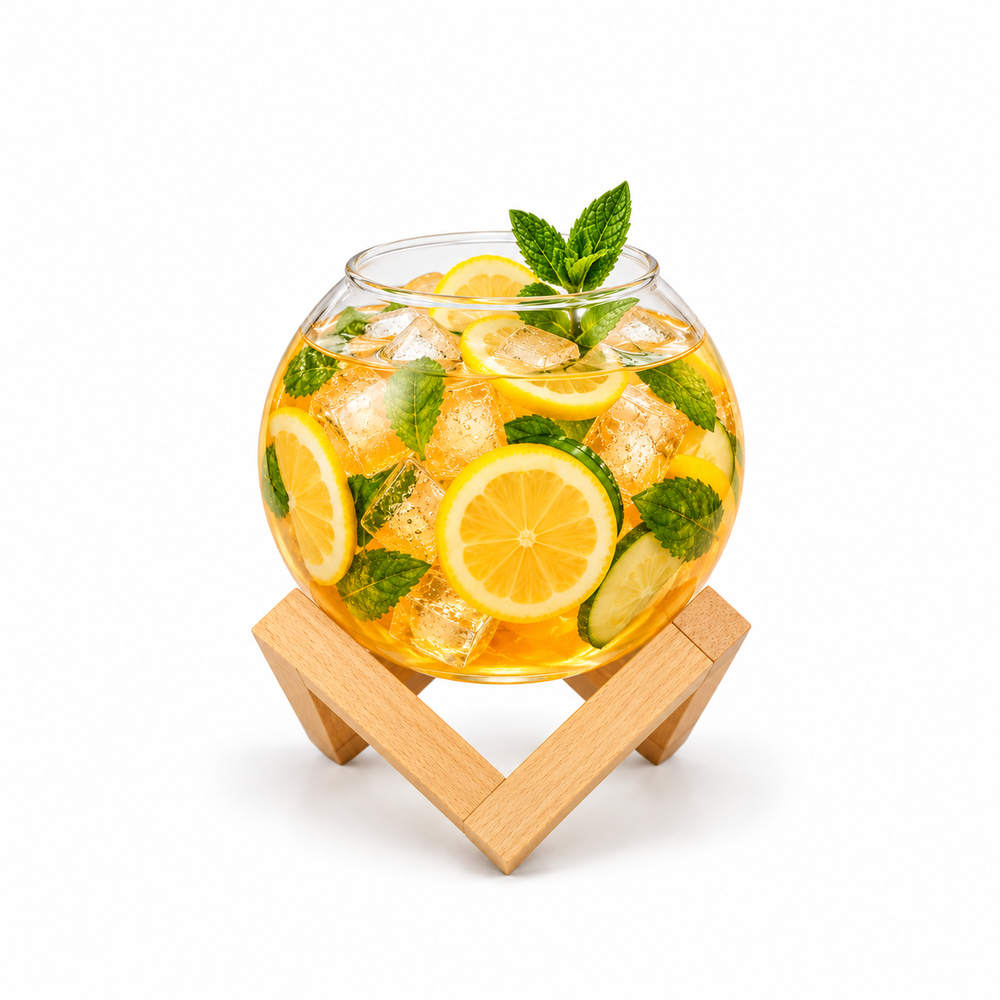 Round glass drink dispenser with a wooden stand placed on a marble tabletop in a modern Pakistani living room.