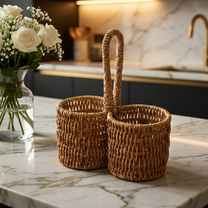 Round rattan cutlery holder placed on a marble kitchen counter next to white roses.