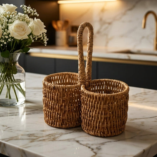 Round rattan cutlery holder placed on a marble kitchen counter next to white roses.