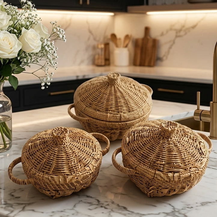 Set of 3 round handwoven rattan hotpot baskets with lids displayed on a marble kitchen counter