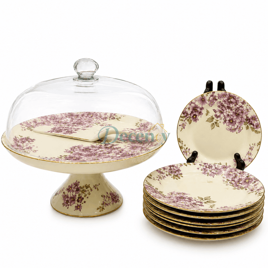 Royal Albert Luxe 9-piece cake serving set displayed on a luxury dining table setup in Pakistan.