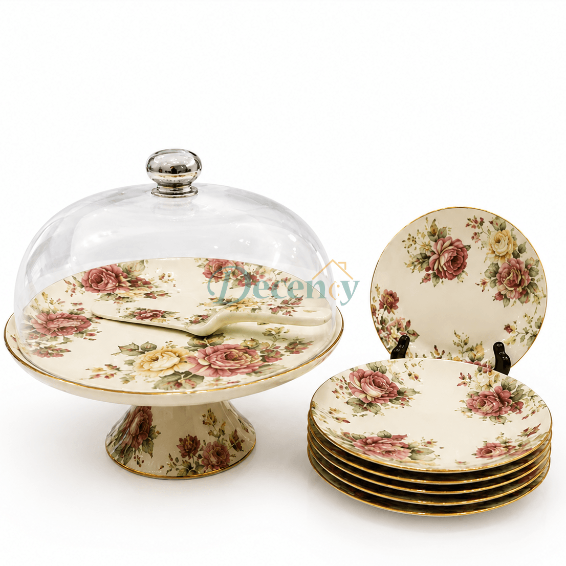 Royal Albert Luxe 9-piece cake serving set displayed on a luxury dining table setup in Pakistan.